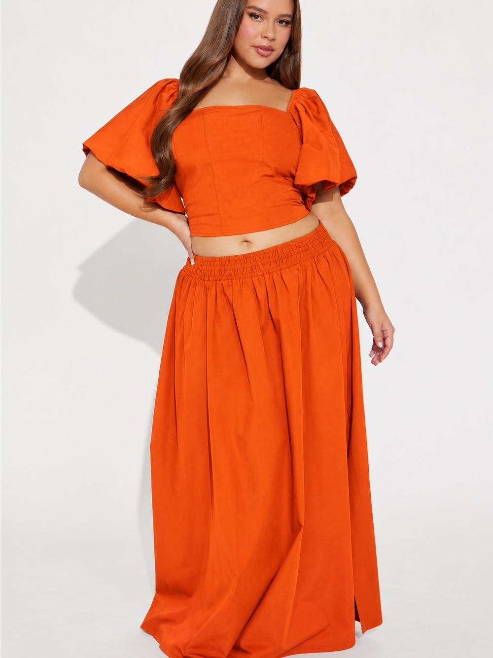 Fashion Nova Orange Two-Piece Puff Sleeve Crop Top & Maxi Skirt Set